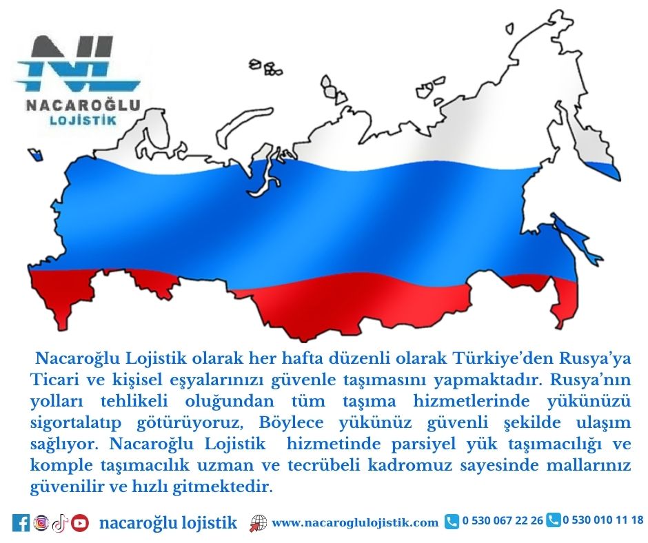 Nacaroğlu Lojistik olarak her hafta düzenli olarak Türkiye’den Rusya’ya Ticari ve kişisel eşyalarınızı güvenle taşımasını yapmaktadır. Rusya’nın yolları tehlikeli oluğundan tüm taşıma hizmetlerinde yükünüzü sigortalatıp götürüyoruz, 
